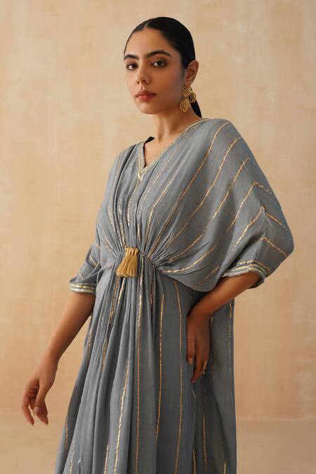 Palak & Mehak Grey Crepe Lace V-neck Embroidered Kaftan at Aza Fashions Palak & Mehak_Grey Crepe Lace V-neck Embroidered Kaftan _at_Aza_Fashions