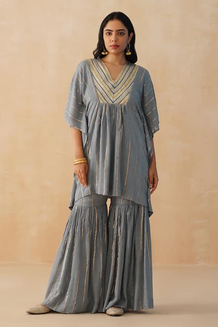 Palak & Mehak Grey Pure Crepe Embroidered Lace V-neck Kaftan Sharara Set 