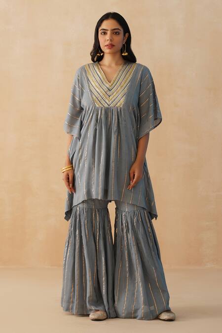 Palak & Mehak_Grey Crepe Lace, Embroidery V-neck Kaftan Sharara Set _Online_at_Aza_Fashions