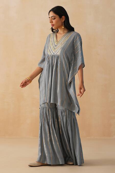 Buy_Palak & Mehak_Grey Crepe Lace, Embroidery V-neck Kaftan Sharara Set _Online_at_Aza_Fashions