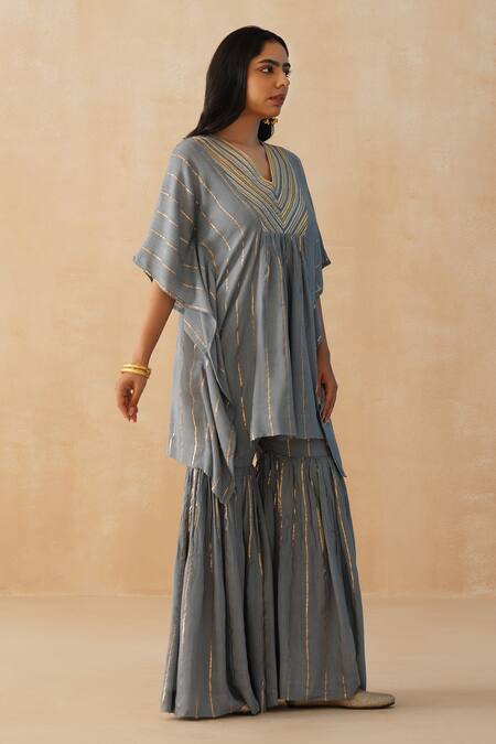 Shop_Palak & Mehak_Grey Crepe Lace, Embroidery V-neck Kaftan Sharara Set _Online_at_Aza_Fashions