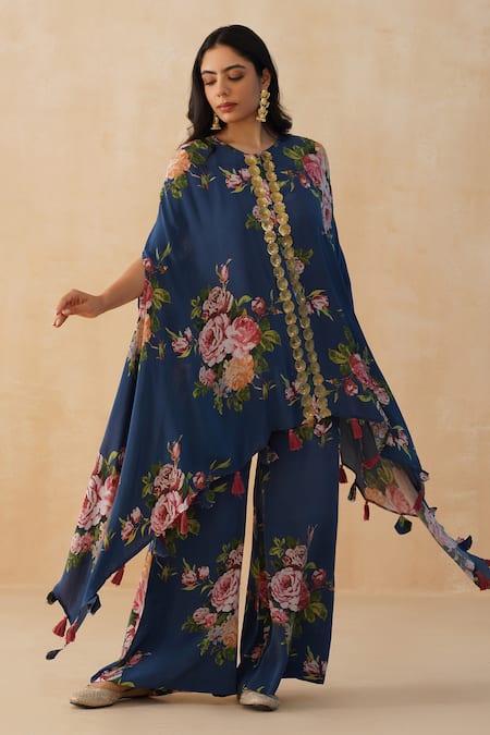Palak & Mehak_Blue Crepe Sequins, Embroidery V-neck Floral Print Kaftan Pant Set _Online_at_Aza_Fashions