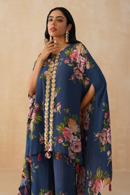 Buy_Palak & Mehak_Blue Crepe Sequins, Embroidery V-neck Floral Print Kaftan Pant Set _Online_at_Aza_Fashions