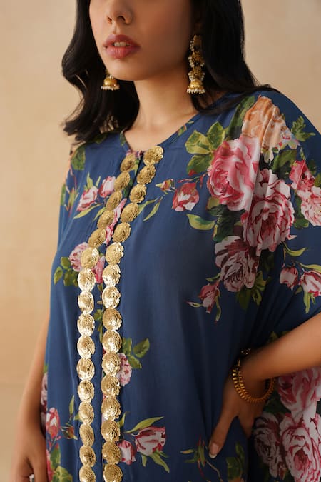 Shop_Palak & Mehak_Blue Crepe Sequins, Embroidery V-neck Floral Print Kaftan Pant Set _Online_at_Aza_Fashions