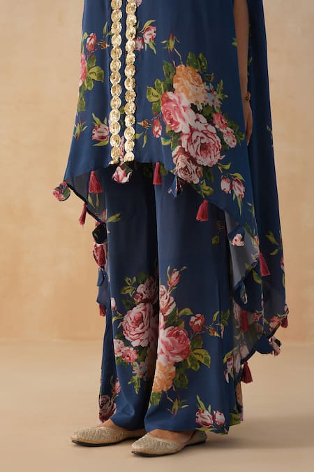 Palak & Mehak_Blue Crepe Sequins, Embroidery V-neck Floral Print Kaftan Pant Set _at_Aza_Fashions