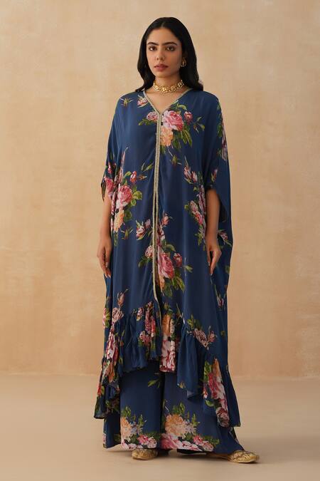 Palak & Mehak_Blue Crepe Embroidery V-neck Floral Print Kaftan Set _Online_at_Aza_Fashions