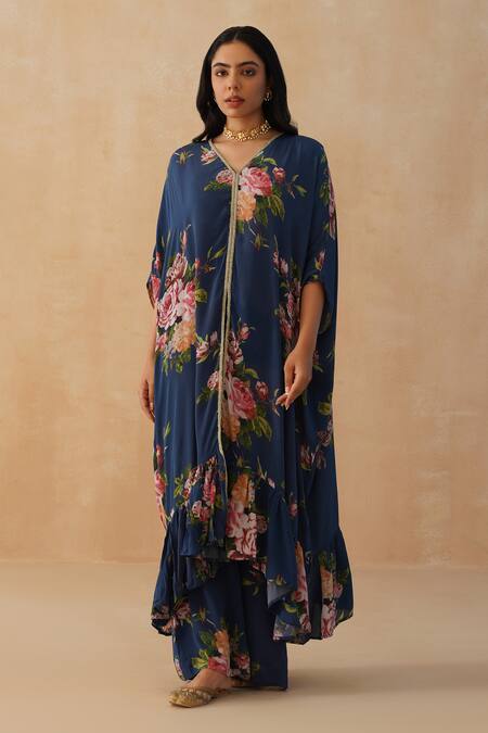 Buy_Palak & Mehak_Blue Crepe Embroidery V-neck Floral Print Kaftan Set _Online_at_Aza_Fashions