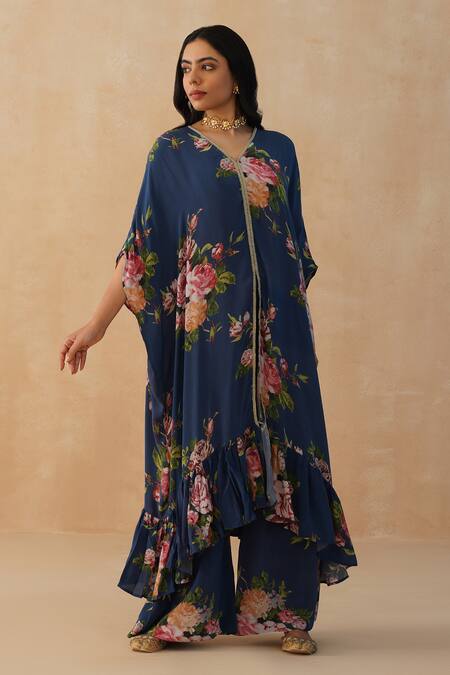 Shop_Palak & Mehak_Blue Crepe Embroidery V-neck Floral Print Kaftan Set _Online_at_Aza_Fashions
