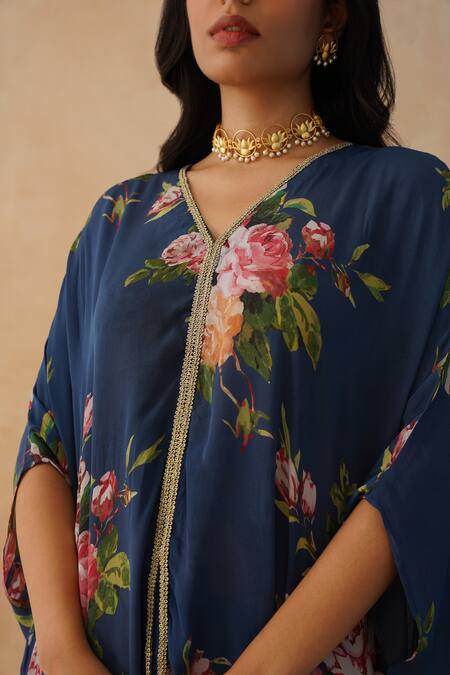 Palak & Mehak_Blue Crepe Embroidery V-neck Floral Print Kaftan Set _at_Aza_Fashions