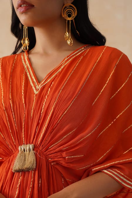 Palak & Mehak_Orange Crepe V-neck Lace Embroidered Textured Kaftan _Online_at_Aza_Fashions