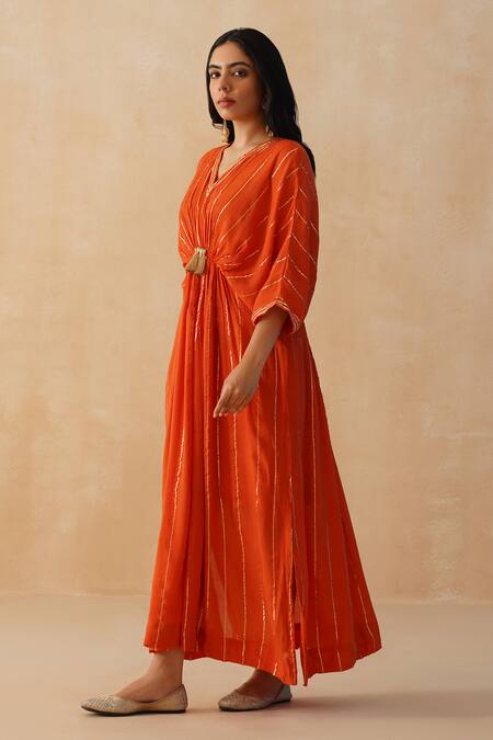 Shop_Palak & Mehak_Orange Crepe V-neck Lace Embroidered Textured Kaftan _Online_at_Aza_Fashions
