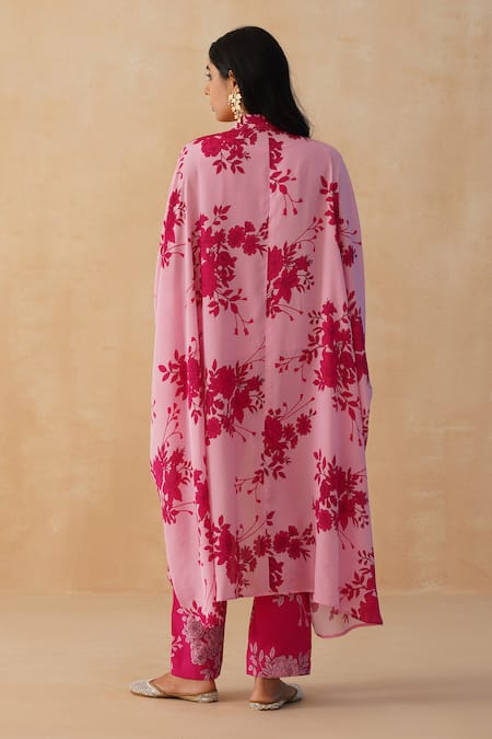 Shop Palak & Mehak Pink Crepe Embroidery Collared Floral Print Shirt Kurta Pant Set at Aza Fashions Shop_Palak & Mehak_Pink Crepe Embroidery Collared Floral Print Shirt Kurta Pant Set _at_Aza_Fashions
