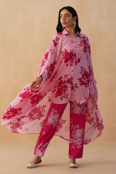 Palak & Mehak Pink Crepe Embroidery Collared Floral Print Shirt Kurta Pant Set Online at Aza Fashions Palak & Mehak_Pink Crepe Embroidery Collared Floral Print Shirt Kurta Pant Set _Online_at_Aza_Fashions
