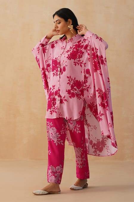 Buy Palak & Mehak Pink Crepe Embroidery Collared Floral Print Shirt Kurta Pant Set Online at Aza Fashions Buy_Palak & Mehak_Pink Crepe Embroidery Collared Floral Print Shirt Kurta Pant Set _Online_at_Aza_Fashions