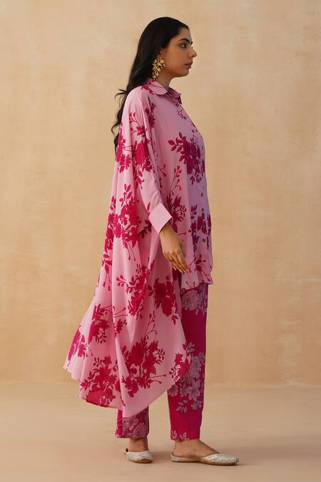 Shop Palak & Mehak Pink Crepe Embroidery Collared Floral Print Shirt Kurta Pant Set Online at Aza Fashions Shop_Palak & Mehak_Pink Crepe Embroidery Collared Floral Print Shirt Kurta Pant Set _Online_at_Aza_Fashions