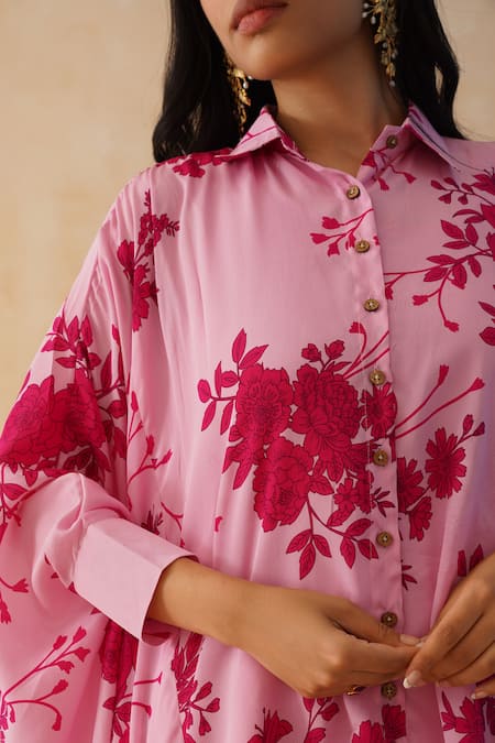 Palak & Mehak Pink Crepe Embroidery Collared Floral Print Shirt Kurta Pant Set at Aza Fashions Palak & Mehak_Pink Crepe Embroidery Collared Floral Print Shirt Kurta Pant Set _at_Aza_Fashions