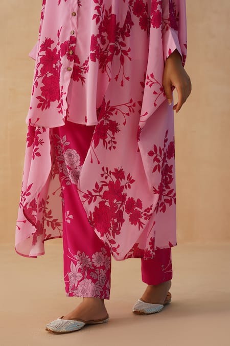 Buy Palak & Mehak Pink Crepe Embroidery Collared Floral Print Shirt Kurta Pant Set Buy_Palak & Mehak_Pink Crepe Embroidery Collared Floral Print Shirt Kurta Pant Set