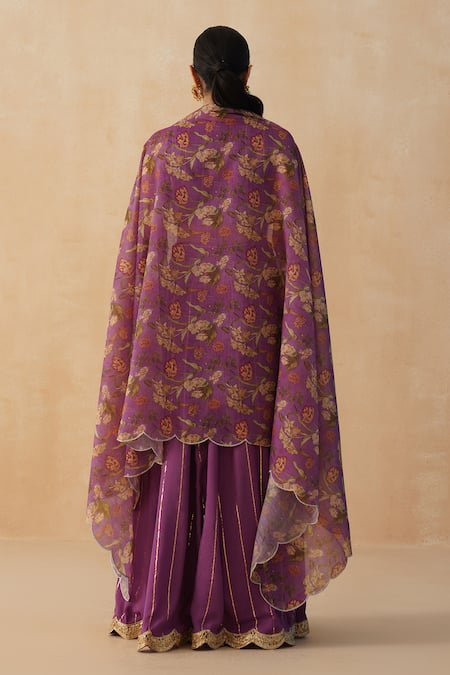 Shop Palak & Mehak Purple Crepe Embroidery Round Neck Textured Lehenga Gathered Blouse Set at Aza Fashions Shop_Palak & Mehak_Purple Crepe Embroidery Round Neck Textured Lehenga Gathered Blouse Set _at_Aza_Fashions