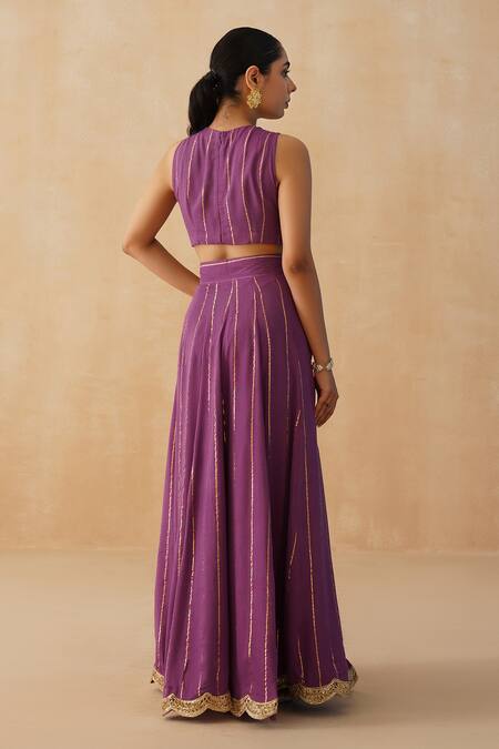 Palak & Mehak Purple Crepe Embroidery Round Neck Textured Lehenga Gathered Blouse Set Online at Aza Fashions Palak & Mehak_Purple Crepe Embroidery Round Neck Textured Lehenga Gathered Blouse Set _Online_at_Aza_Fashions