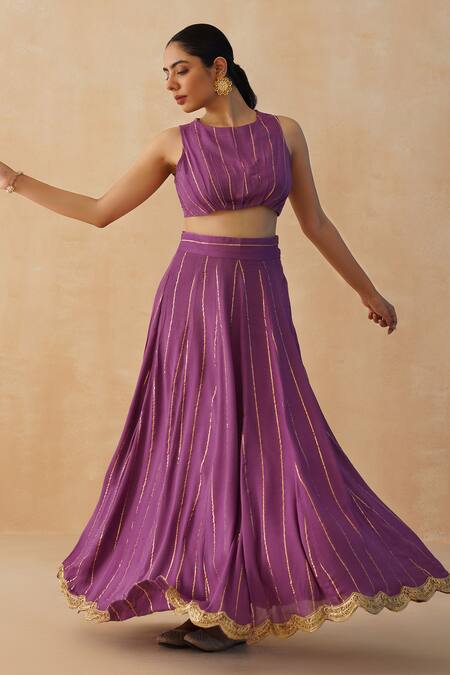 Buy Palak & Mehak Purple Crepe Embroidery Round Neck Textured Lehenga Gathered Blouse Set Online at Aza Fashions Buy_Palak & Mehak_Purple Crepe Embroidery Round Neck Textured Lehenga Gathered Blouse Set _Online_at_Aza_Fashions