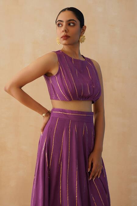 Shop Palak & Mehak Purple Crepe Embroidery Round Neck Textured Lehenga Gathered Blouse Set Online at Aza Fashions Shop_Palak & Mehak_Purple Crepe Embroidery Round Neck Textured Lehenga Gathered Blouse Set _Online_at_Aza_Fashions