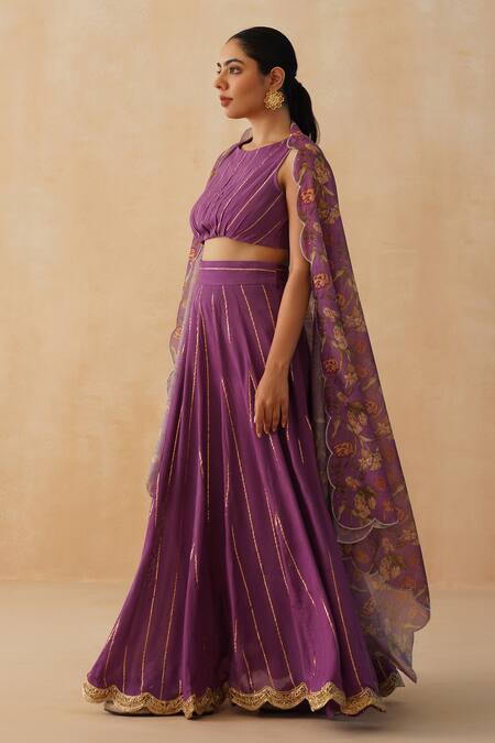 Palak & Mehak Purple Crepe Embroidery Round Neck Textured Lehenga Gathered Blouse Set at Aza Fashions Palak & Mehak_Purple Crepe Embroidery Round Neck Textured Lehenga Gathered Blouse Set _at_Aza_Fashions