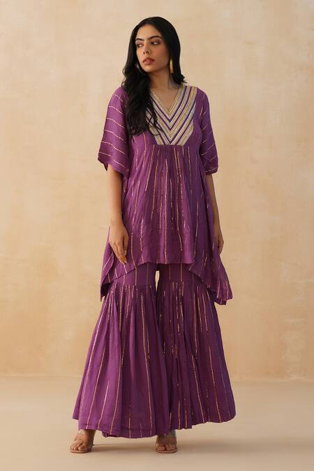 Palak & Mehak_Purple Crepe Lace V-neck Textured Kaftan Sharara Set _Online_at_Aza_Fashions