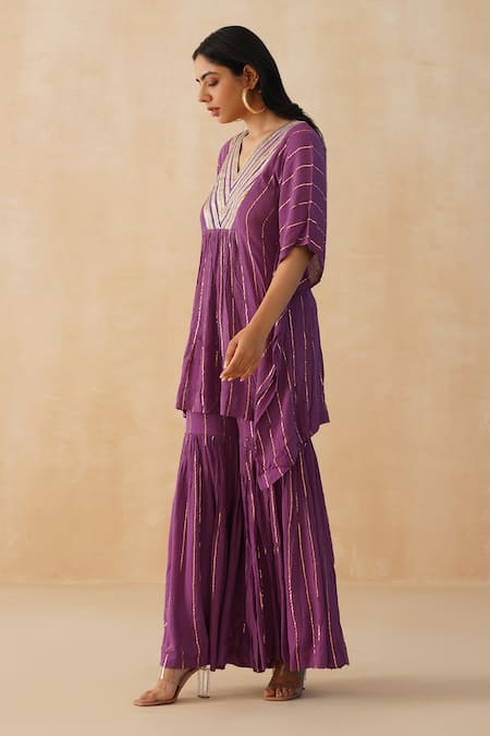 Buy_Palak & Mehak_Purple Crepe Lace V-neck Textured Kaftan Sharara Set _Online_at_Aza_Fashions