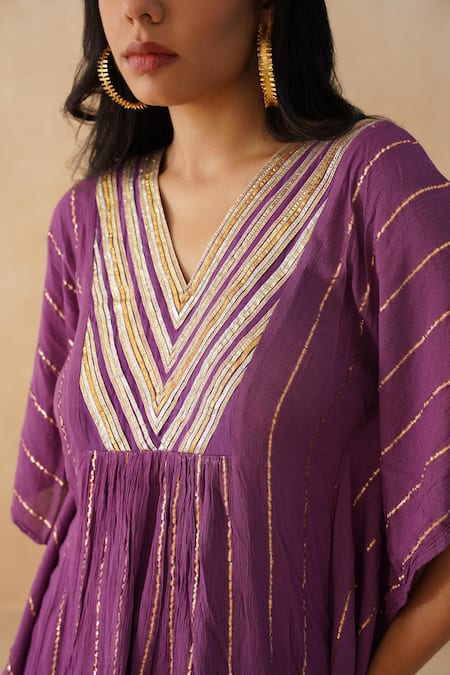 Shop_Palak & Mehak_Purple Crepe Lace V-neck Textured Kaftan Sharara Set _Online_at_Aza_Fashions