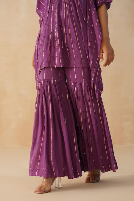 Palak & Mehak_Purple Crepe Lace V-neck Textured Kaftan Sharara Set _at_Aza_Fashions