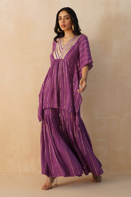 Buy_Palak & Mehak_Purple Crepe Lace V-neck Textured Kaftan Sharara Set 