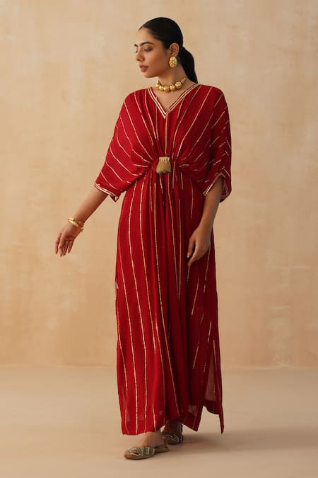 Palak & Mehak Red Pure Crepe Embroidered Lace V-neck Textured Kaftan 