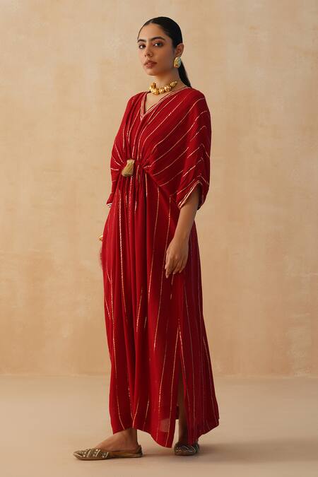 Palak & Mehak_Red Crepe Lace V-neck Textured Embroidered Kaftan _Online_at_Aza_Fashions