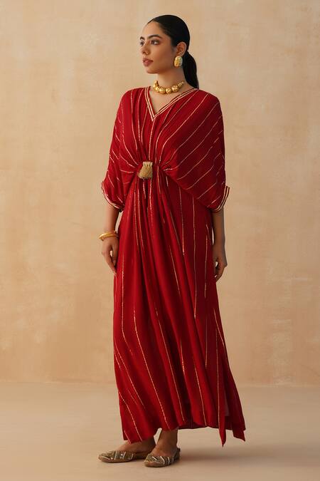 Buy_Palak & Mehak_Red Crepe Lace V-neck Textured Embroidered Kaftan _Online_at_Aza_Fashions