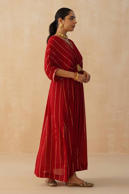 Shop_Palak & Mehak_Red Crepe Lace V-neck Textured Embroidered Kaftan _Online_at_Aza_Fashions