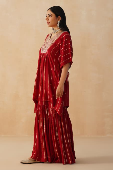 Palak & Mehak_Red Crepe Lace, Embroidery V-neck Textured Cinched Kaftan Sharara Set _Online_at_Aza_Fashions