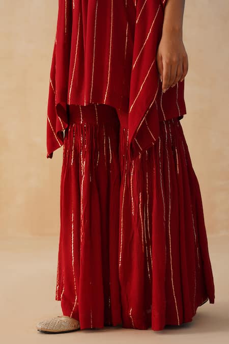 Buy_Palak & Mehak_Red Crepe Lace, Embroidery V-neck Textured Cinched Kaftan Sharara Set _Online_at_Aza_Fashions
