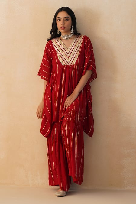 Shop_Palak & Mehak_Red Crepe Lace, Embroidery V-neck Textured Cinched Kaftan Sharara Set _Online_at_Aza_Fashions