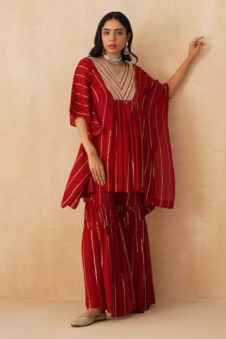 Palak & Mehak_Red Crepe Lace, Embroidery V-neck Textured Cinched Kaftan Sharara Set _at_Aza_Fashions