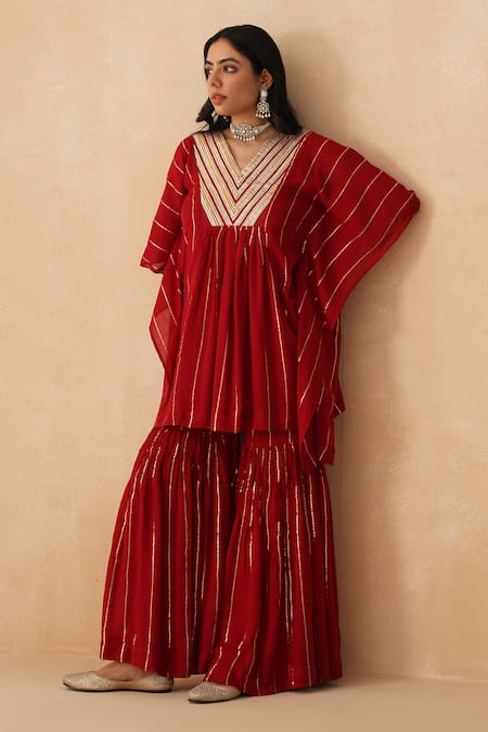 Buy_Palak & Mehak_Red Crepe Lace, Embroidery V-neck Textured Cinched Kaftan Sharara Set 