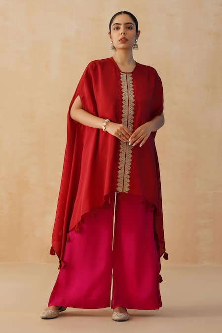 Palak & Mehak Red Pure Crepe Embroidered Zari V-neck Asymmetric Kaftan Pant Set 