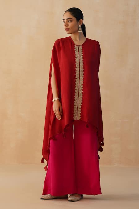 Palak & Mehak_Red Crepe Embroidery, Fringe V-neck Zari Asymmetric Kaftan Pant Set _Online_at_Aza_Fashions