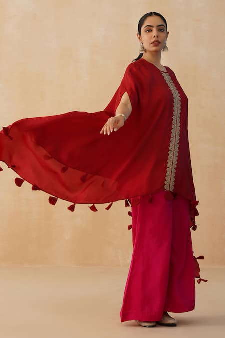 Buy_Palak & Mehak_Red Crepe Embroidery, Fringe V-neck Zari Asymmetric Kaftan Pant Set _Online_at_Aza_Fashions
