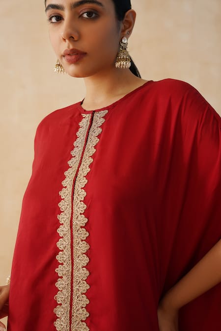 Shop_Palak & Mehak_Red Crepe Embroidery, Fringe V-neck Zari Asymmetric Kaftan Pant Set _Online_at_Aza_Fashions