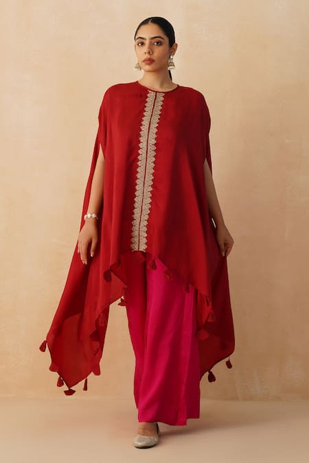 Palak & Mehak_Red Crepe Embroidery, Fringe V-neck Zari Asymmetric Kaftan Pant Set _at_Aza_Fashions