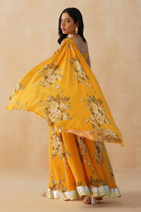 Palak & Mehak Yellow Crepe Lace, Embroidery Asymmetric Floral Print Lehenga Blouse Set Online at Aza Fashions Palak & Mehak_Yellow Crepe Lace, Embroidery Asymmetric Floral Print Lehenga Blouse Set _Online_at_Aza_Fashions