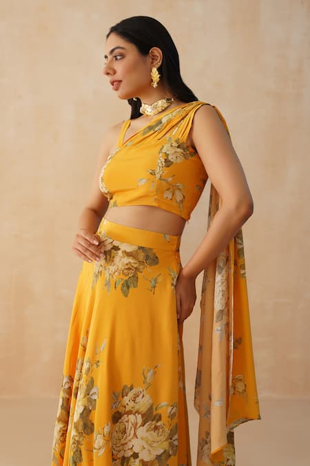 Buy Palak & Mehak Yellow Crepe Lace, Embroidery Asymmetric Floral Print Lehenga Blouse Set Online at Aza Fashions Buy_Palak & Mehak_Yellow Crepe Lace, Embroidery Asymmetric Floral Print Lehenga Blouse Set _Online_at_Aza_Fashions
