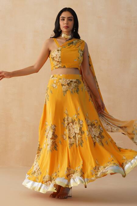 Shop Palak & Mehak Yellow Crepe Lace, Embroidery Asymmetric Floral Print Lehenga Blouse Set Online at Aza Fashions Shop_Palak & Mehak_Yellow Crepe Lace, Embroidery Asymmetric Floral Print Lehenga Blouse Set _Online_at_Aza_Fashions