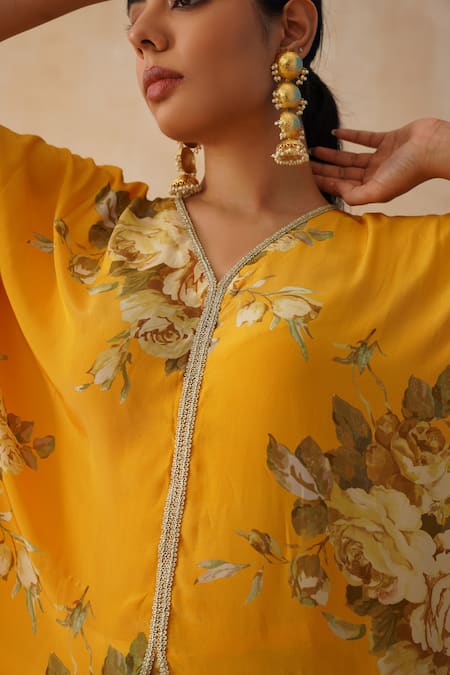 Palak & Mehak_Yellow Crepe Embroidery V-neck Floral Print Kaftan And Pant Set _Online_at_Aza_Fashions