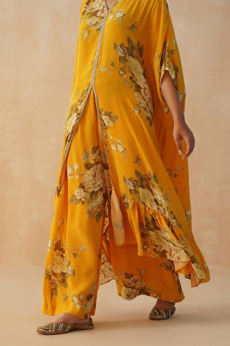 Buy_Palak & Mehak_Yellow Crepe Embroidery V-neck Floral Print Kaftan And Pant Set _Online_at_Aza_Fashions